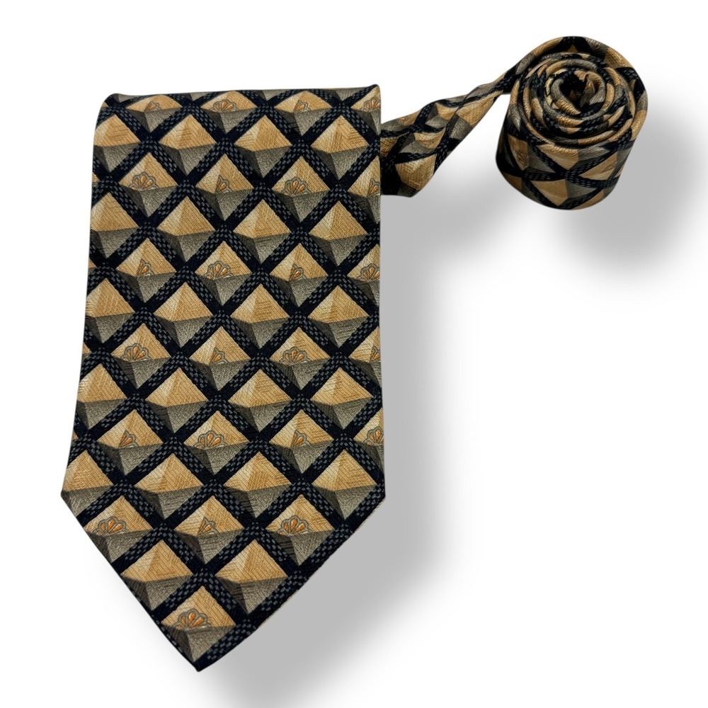 Ermenegildo Zegna Mens Silk Neck‎ Tie Gold Black Geometric Pyramid Made in Italy